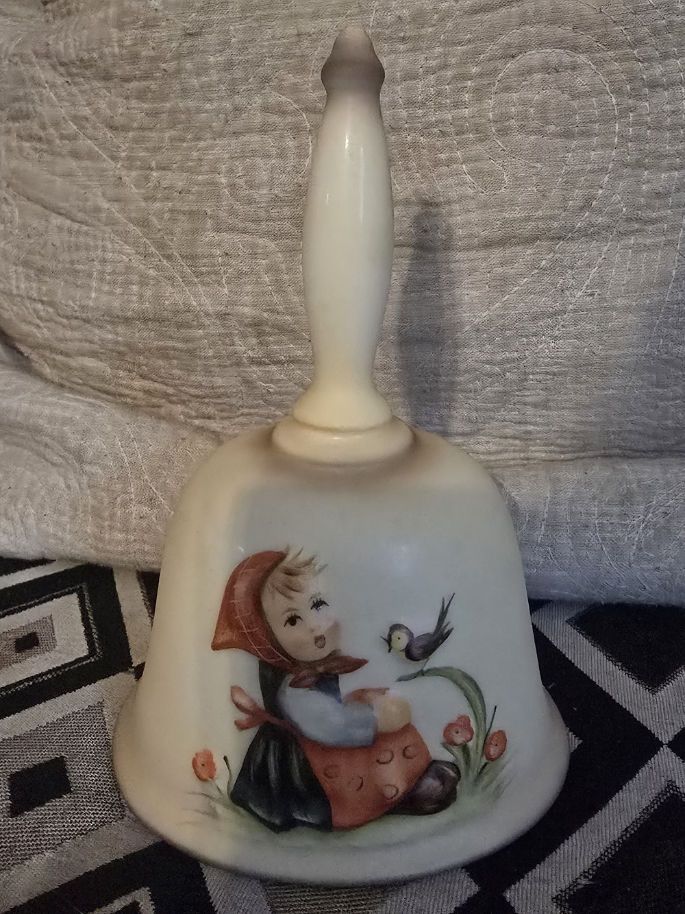 Goebel Cream Bell with Hand-Painted Girl, Red Hood and Green Accents
